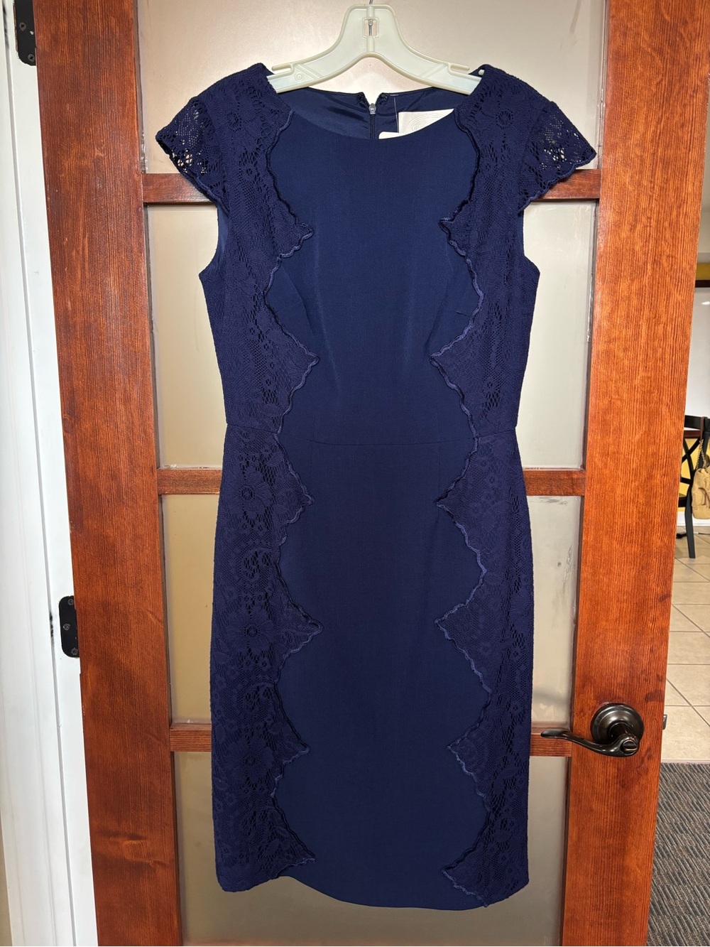 Navy Lace-Inset Midi Sheath Dress - Women